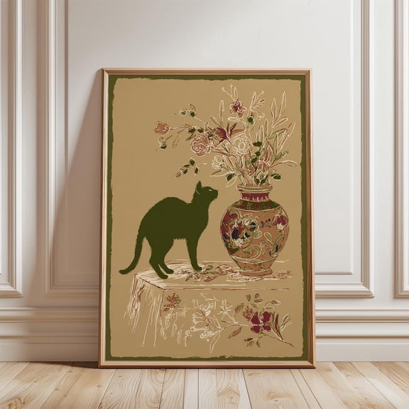 Vintage Olive Cat Ornate Floral Vase Tan Background Animal Wall Decor Unframed Paper Print