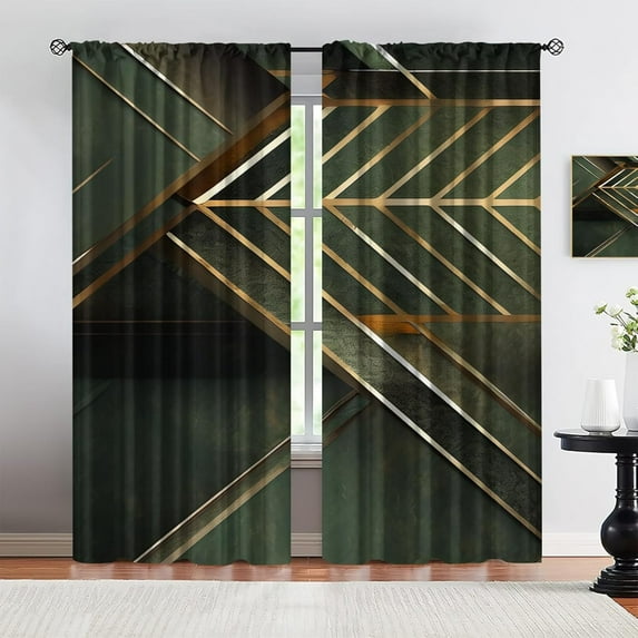 Vintage Olive Green Curtains, Light Luxury Emerald Green Curtains, Geometric Gold Stripes Blackout Curtains, Filter Light And Privacy Protection For Living Room Bedroom 52"W x 84"L (Pack of 2)