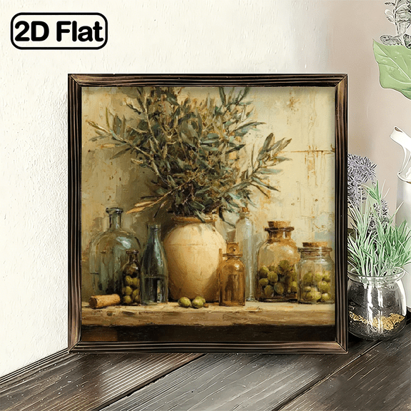 Vintage Olive Tree Wall Art Wood Framed Rustic Olive Branch Still Life Panel Wood Frame Suitable for Farmhouse, Mediterranean Decor 8x8 Size Ideal Housewarming Gift for Home Office