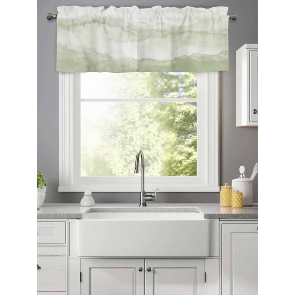 Vintage Ombre Sage Green Peak Valances for Windows,Kitchen Valance Rod Pocket Short Curtain,Abstract Landscapes Art Valance Curtain Window Valances for Bedroom Living Room 42x12in