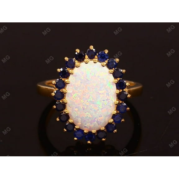 Vintage Opal & Blue Sapphire Ring,Matching 925 silver Art Deco Bridal Ring,September Birthstone Women Jewelry,Engagement Ring Gift For Her.