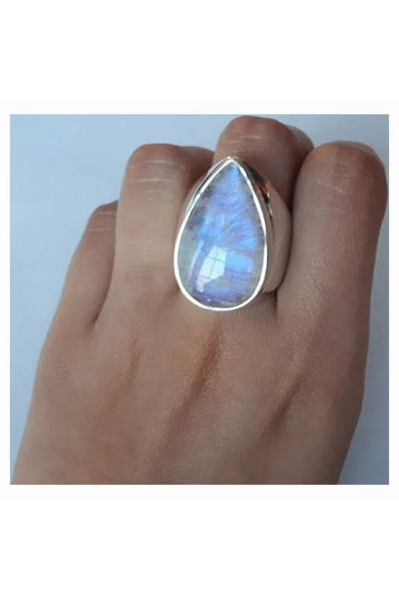 Vintage Opal Moonstone 925 Sterling Silver Water Drop Shaped Band Ring