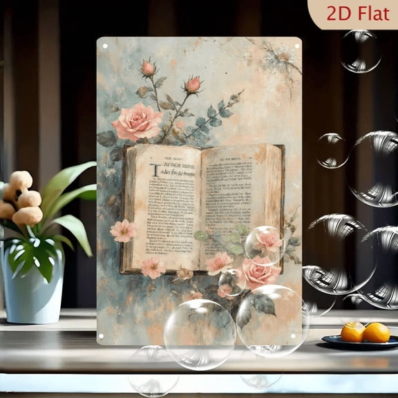 Vintage Open Book with German Text and Pink Roses, Soft Painterly Watercolor Wall Art Print on Metal, 8x12 Inches Romantic Floral Decor for Home