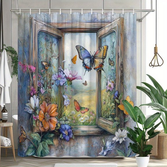 Vintage Open Window Wildflower Butterfly Meadow Shower Curtain Rustic Floral Bathroom Decor.