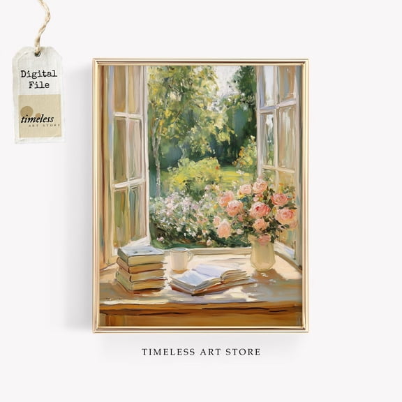 Vintage Open Window With Roses, Rustic Pastel Interior Art, Unframed Paper Poster 8x10in