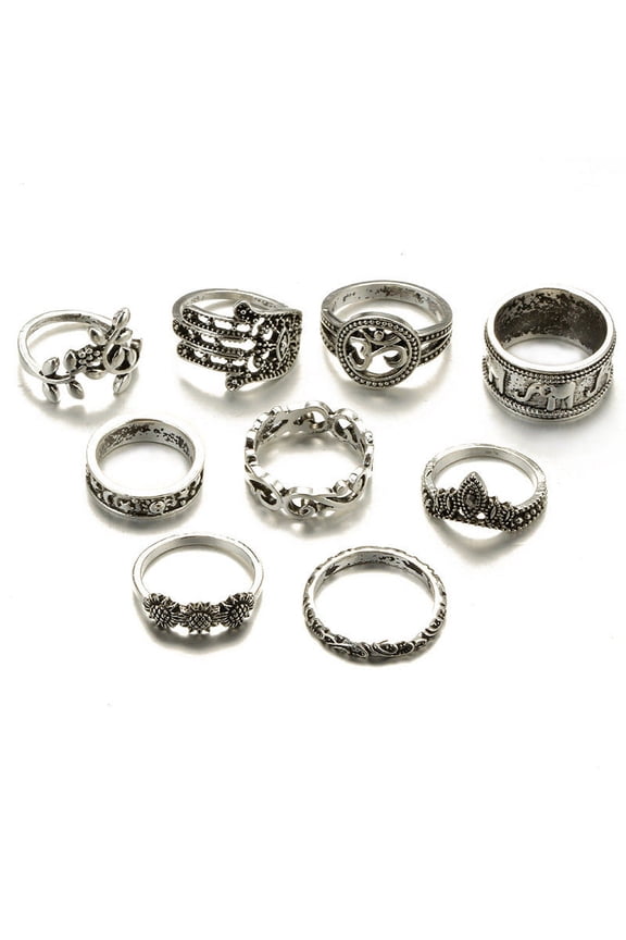 Vintage Openwork Carved Ring Set: 9-Piece Alloy Collection for Women, Bohemian Stackable Knuckle Rings, Intricate Floral Design, Ideal Gift