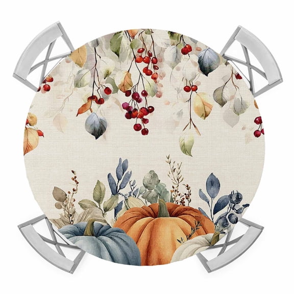 Vintage Orange Blue Fall Round Tablecloth for 45-54 Inch Tables,Fitted Table Cover with Elastic Edge,Thanksgiving Maple Leaf Botanical Waterproof Outdoor Table Cloth Protector for Patio Garden Dinner