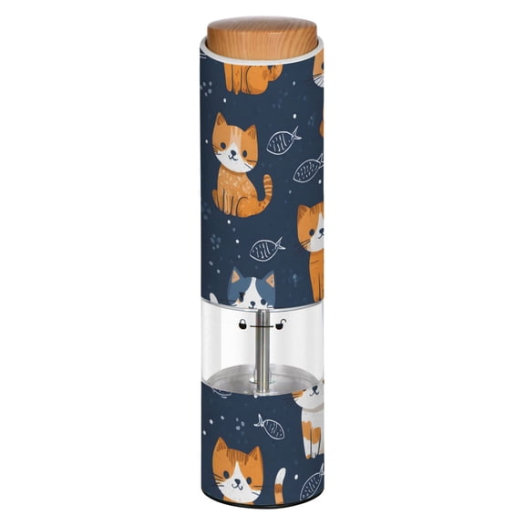 Vintage Orange Cat Pattern Printed Electric Pepper Mill One-Touch Battery Operated Salt Grinder Adjustable Coarseness Decorative Counter Spice Tool