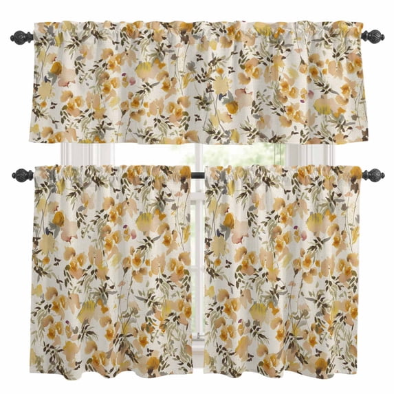 Vintage Orange Flower Kitchen Curtains Sets for Windows 24 Inch Length, Farmhouse Botanical Floral Retro Rod Pocket Window Treatments Tier Curtains and Valances Set for Bedroom/Bathroom