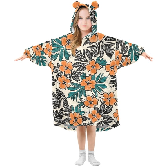Vintage Orange Flowers Green Black Leaves Flannel Wearable Blankets Hooded Design Long Sleeves Wrap Unisex for 3T-14Y S