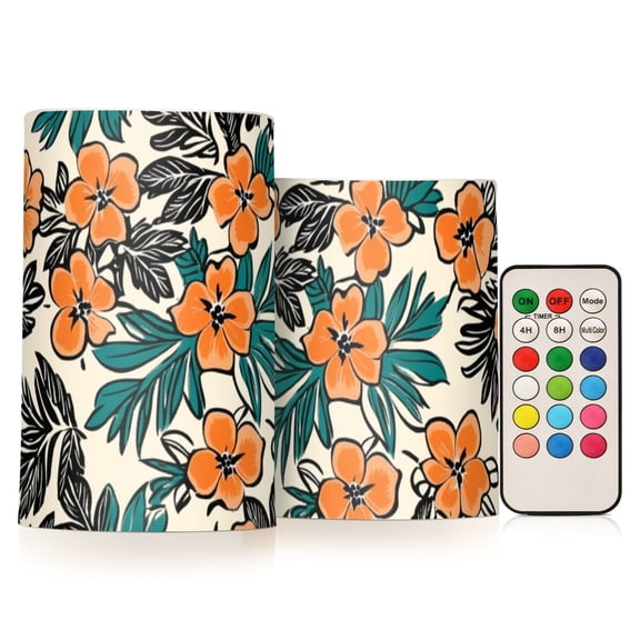 Vintage Orange Flowers Green Black Leaves Flickering Flameless Candles LED Tealight Battery Operated with Remote Set of 2 Holiday Decor Ornaments