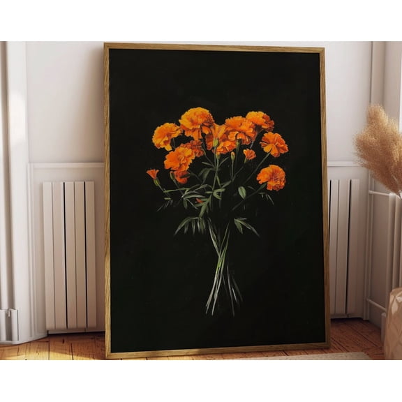 Vintage Orange Marigolds Wall Art Print, Unframed Paper Poster 24x36in