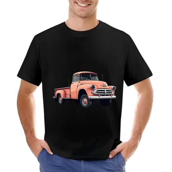 Vintage Orange Pickup Truck Graphic Cotton Short Sleeve T-Shirt for Men - Classic Retro Design on Black Background