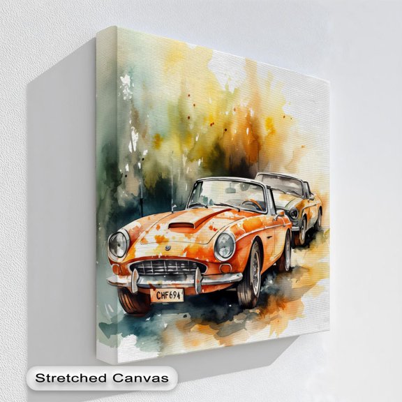 Vintage Orange Sports Car Art Art Retro Auto Decor Natural