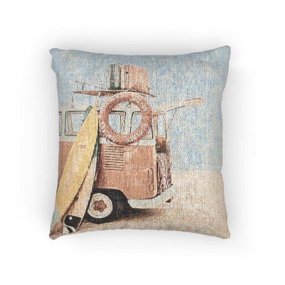 Vintage Orange Surf Van and Surfboard Woven Pillow, Coastal Road Trip Style