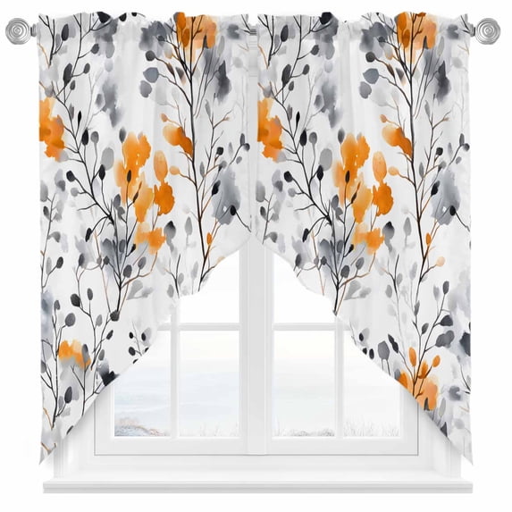 Vintage Orange Swag Curtain Valance for Windows, Gray Wildflowers Leaves Abstract Botanical Window Treatments Short Swag Topper for Kitchen Windows Bathroom Bedroom, 28"x36"