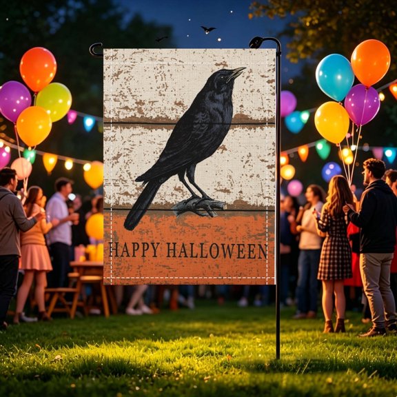 Vintage Orange Tone Crow Happy Halloween 2D Plain Garden Flag, Entryway Yard Outdoor Party Decor, No Flagpole, Halloween Gift