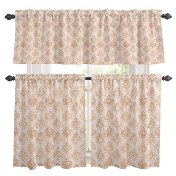 Vintage Orange Wallpaper Kitchen Curtains Valances and Tiers Set of 3 Medieval Turkish Pattern Tier Curtains and Valance with Rod Pocket for Small Windows, 27.5"x24"