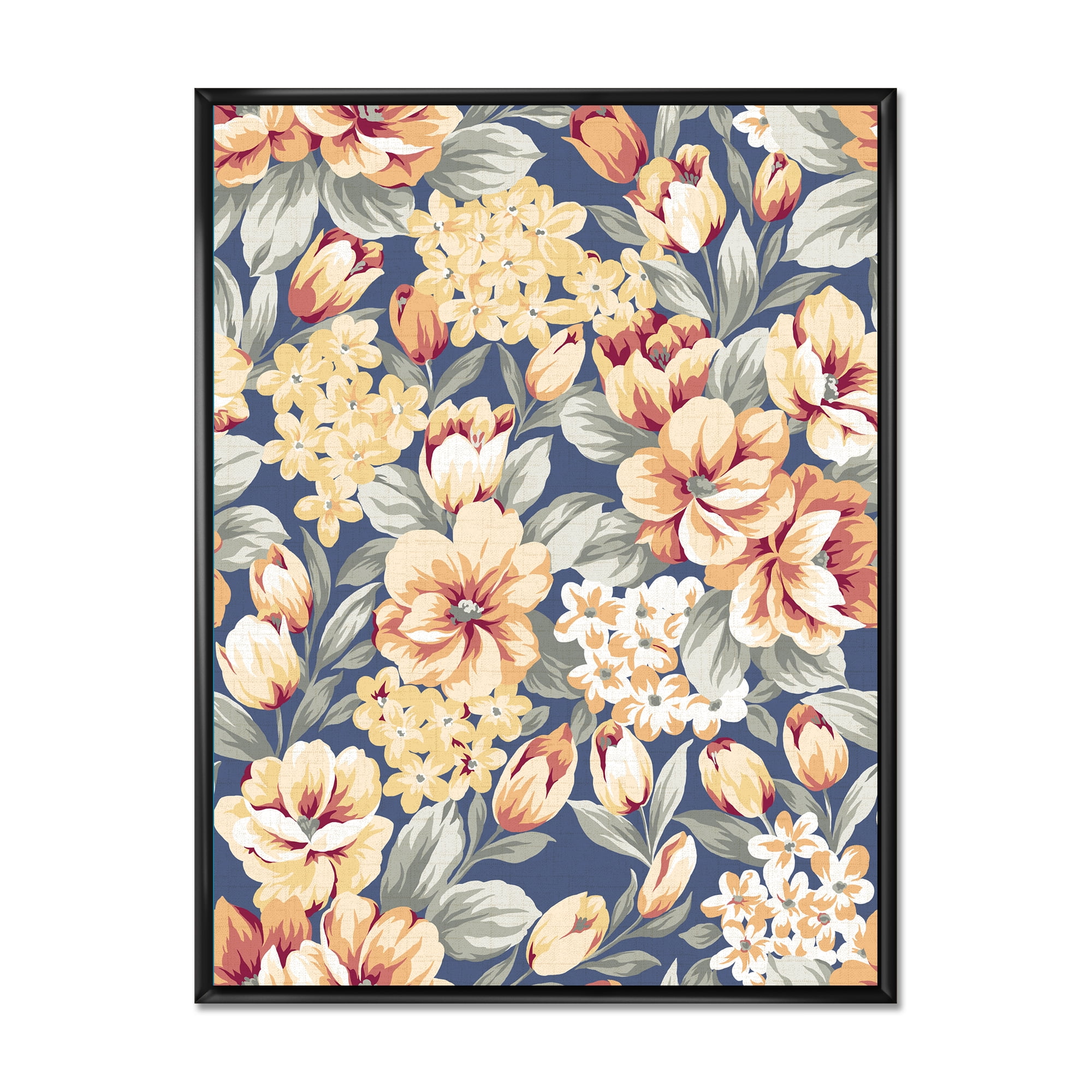 Vintage Orange and Yellow Flowers 24 in x 32 in Framed Painting Canvas Art Print, by Designart
