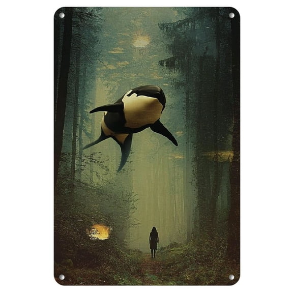 Vintage Orca Whale in Forest Metal Tin Sign - Iron Wall Art Decor for Home, Living Room, Bedroom, Office, Hotel, Cafe, Pub - Pre-Drilled, Weather-Resistant 8x12 Inch