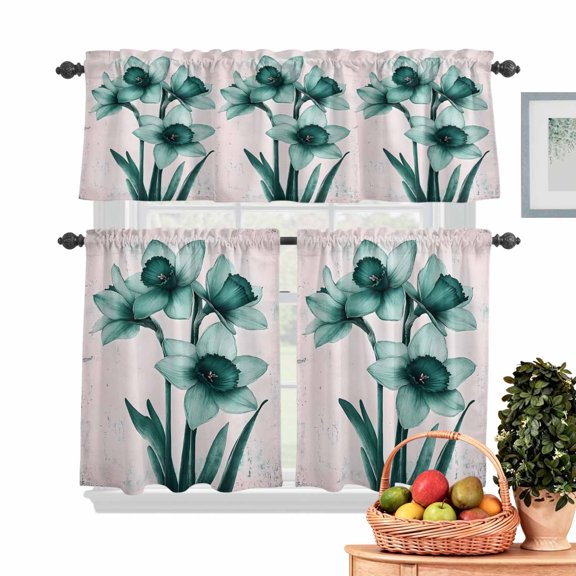Vintage Orchid Kitchen Curtains Valances 3 Piece Set, Green Flower Retro Watercolor Style Rod Pocket Tier Curtain and Valance Drapes for Small Window 24 Inch Length for Bedroom Cafe
