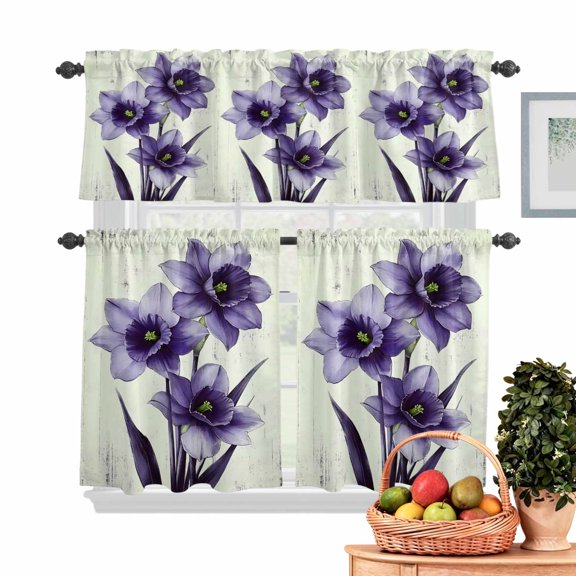 Vintage Orchid Kitchen Curtains Valances 3 Piece Set, Purple Flower Retro Watercolor Style Rod Pocket Tier Curtain and Valance Drapes for Small Window 24 Inch Length for Bedroom Cafe