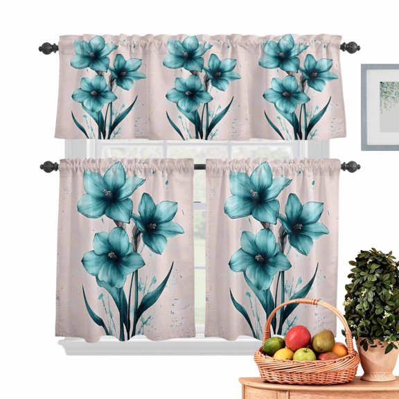 Vintage Orchid Kitchen Curtains Valances 3 Piece Set, Retro Green Flower Watercolor Style Rod Pocket Tier Curtain and Valance Drapes for Small Window 24 Inch Length for Bedroom Cafe