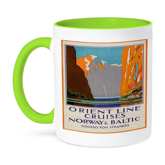 3dRose, Vintage Orient Line Cruises Norway and Baltic Ocean Liner Poster, 11oz Two-Tone Green Mug