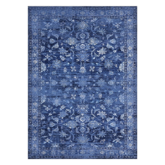 Vintage Oriental Area Rug – Retro Distressed Floral Floor Carpet, Non Slip Non Shedding Soft Washable Low Pile Thin Accent for Bedroom Living Room
