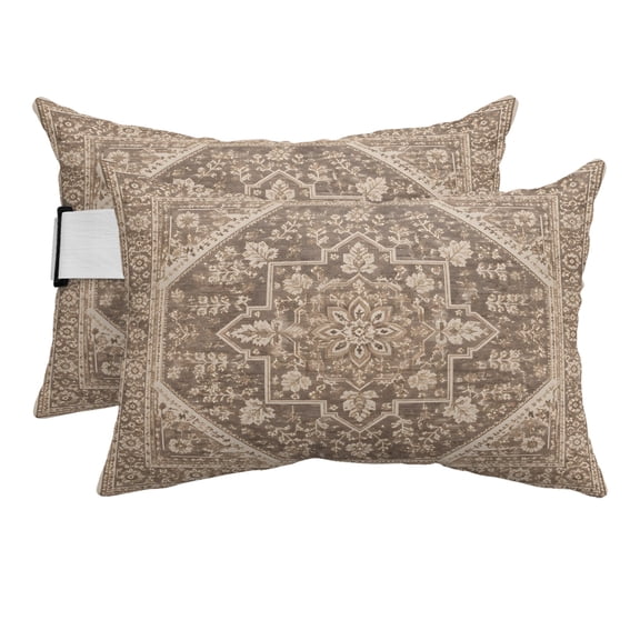 Vintage Oriental Brown Print Outdoor Pillow for Chaise Lounge Chair,Medallion Floral Pattern Waterproof Headrest Lumbar Pillows with Insert&Elastic Strap for Patio Pool Garden Chairs Decor,2 Pack