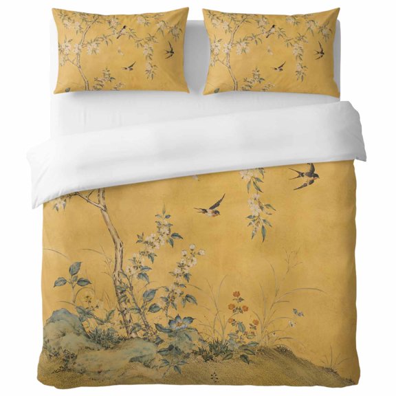 Vintage Oriental California King Duvet Cover Set, Classic Chinese Tree Floral Swallow Mustard Decorative 3 Piece Bedding Set with Zipper Closure Soft Breathable Comforter Cover 2 Pillowcases