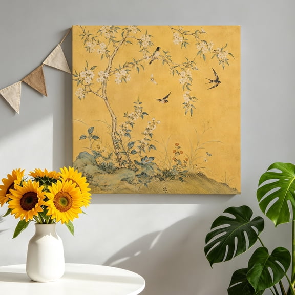 Vintage Oriental Canvas Wall Art, Classic Chinese Tree Floral Swallow Mustard Pictures Wall Decor Wooden Framed Artwork Art Prints for Living Room Hallway Bedroom Office 8"x8"