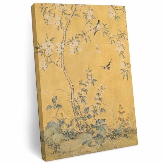 Vintage Oriental Canvas Wall Art for Living Room, Classic Chinese Tree Floral Swallow Mustard Poster Print Painting for Desk Vanity Narrow Stair Wall Decoration Wall Pictures Prepare To Hang 8"x10"