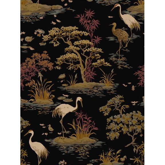 Vintage Oriental Crane Pond Peel and Stick Wallpaper Self Adhesive 17.72" X 118.1'' Asian Landscape Design Wall Paper Renter Friendly Removable Waterproof for Bedroom Living Room