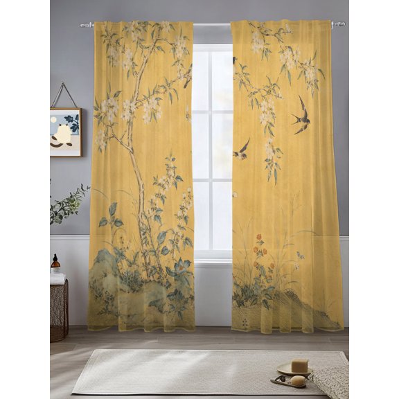 Vintage Oriental Window Sheer Curtain Classic Chinese Tree Floral Swallow Mustard Semi Curtain Sheers Light Filtering Rod Pocket Voile Drapes for Bedroom Kitchen Living Room 52 X 108 Inch, 2 Panels