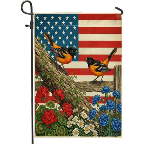 Vintage Oriole Bird Garden Flag 12 x 18 Inch, Floral American Pattern Linen House Flag for Front Yard, Backyard Lawn Outdoor Decor