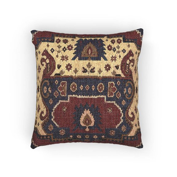 Vintage Ornamental Motif Navy, Red and Gold Decorative Woven Pillow, Cotton-Polyester, Eclectic Home Accent