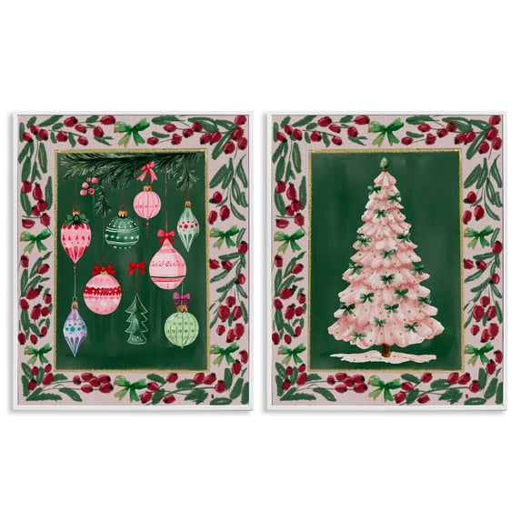 Stupell Industries Vintage Ornaments & Tree Border 2 Piece White Framed Giclee Art Set, design by Yen, 20 x 16