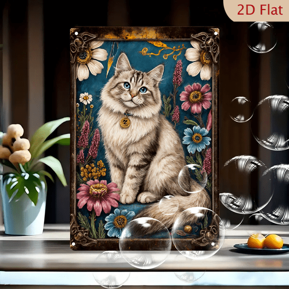Vintage Ornate Fluffy Cat with Blue Eyes & Golden Z Tag, Surrounded by Colorful Flowers and Feathery Plumes on Teal Background, 8x12 Inches Metal Wall Art Print