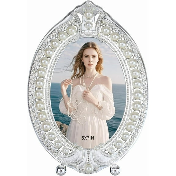 Vintage Ornate Picture Frames 5x7in,Oval Metal Photo Frame with Crystal and Pearl Decoration,Clear Glass Front, Unique Tabletop or Wall Display,Perfect Gift Choice