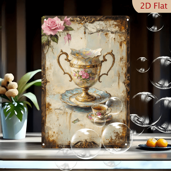 Vintage Ornate Porcelain Tea Cups with Pink Roses on Distressed Metal Background, 8x12 Inch Rustic Wall Art Decor, Victorian Style Gold Scrollwork Framed Tin Sign for Kitchen Living Room
