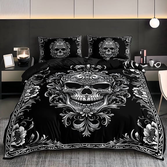Vintage Ornate Skull Comforter Set, Dark Academia Aesthetic, Queen/King Size, Gothic Home Bedding