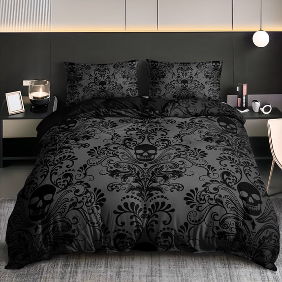Vintage Ornate Skull Comforter Set, Dark Academia Aesthetic, Queen/King Size, Gothic Home Bedding