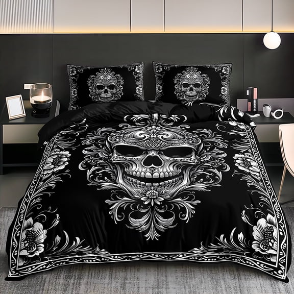 Vintage Ornate Skull Comforter Set, Dark Academia Aesthetic, Queen/King Size, Gothic Home Bedding