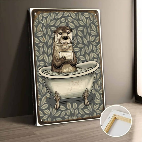 Vintage Otter In Bathtub Canvas Wall Art Print, Modern Aesthetic Home Decor For Bedroom, Living Room, Bathroom