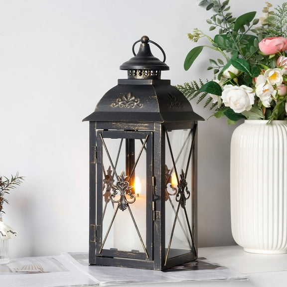 Vintage Outdoor Candle Lantern, Metal Candle Holder with Tempered Glass (Black)