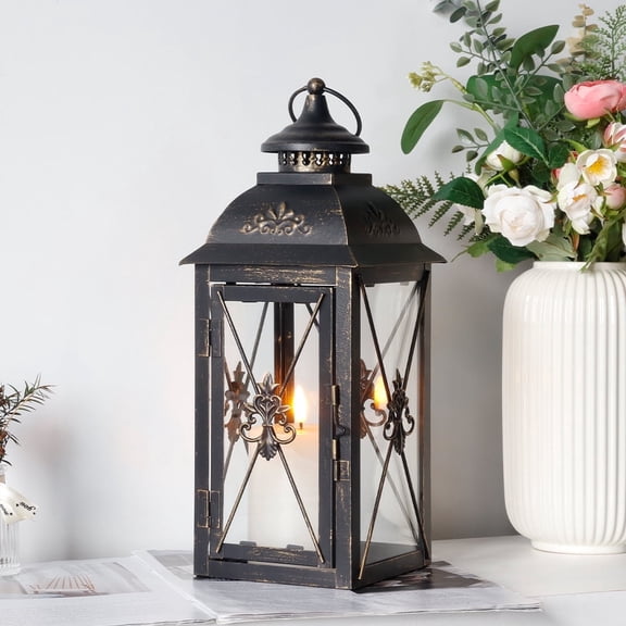 Vintage Outdoor Candle Lantern, Metal Candle Holder with Tempered Glass (Black)