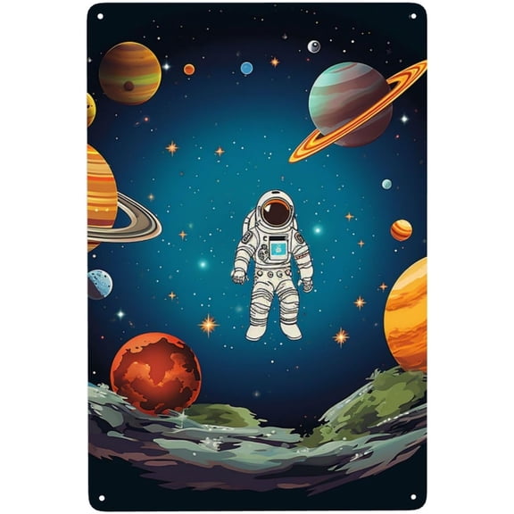 Vintage Outer Space Rocket Astronaut Metal Tin Sign, Funny Wall Art Poster, 8 x 12 Inch Retro Decor for Home Living Room Bedroom Yard