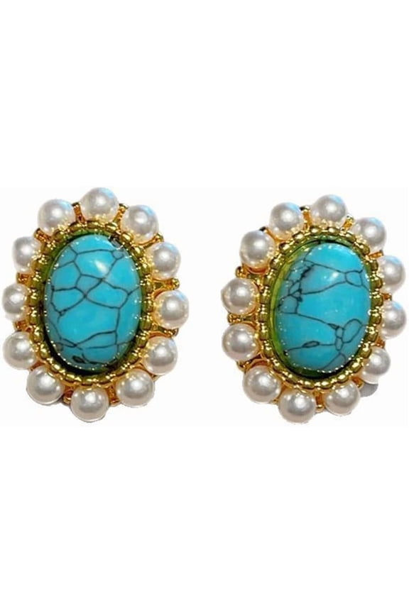 Vintage Oval Blue Turquoise Stud Earrings for Women Pearl Round Studs Earrings Geometry Bohemian Statement Earrings Fashion Ear Jewelry