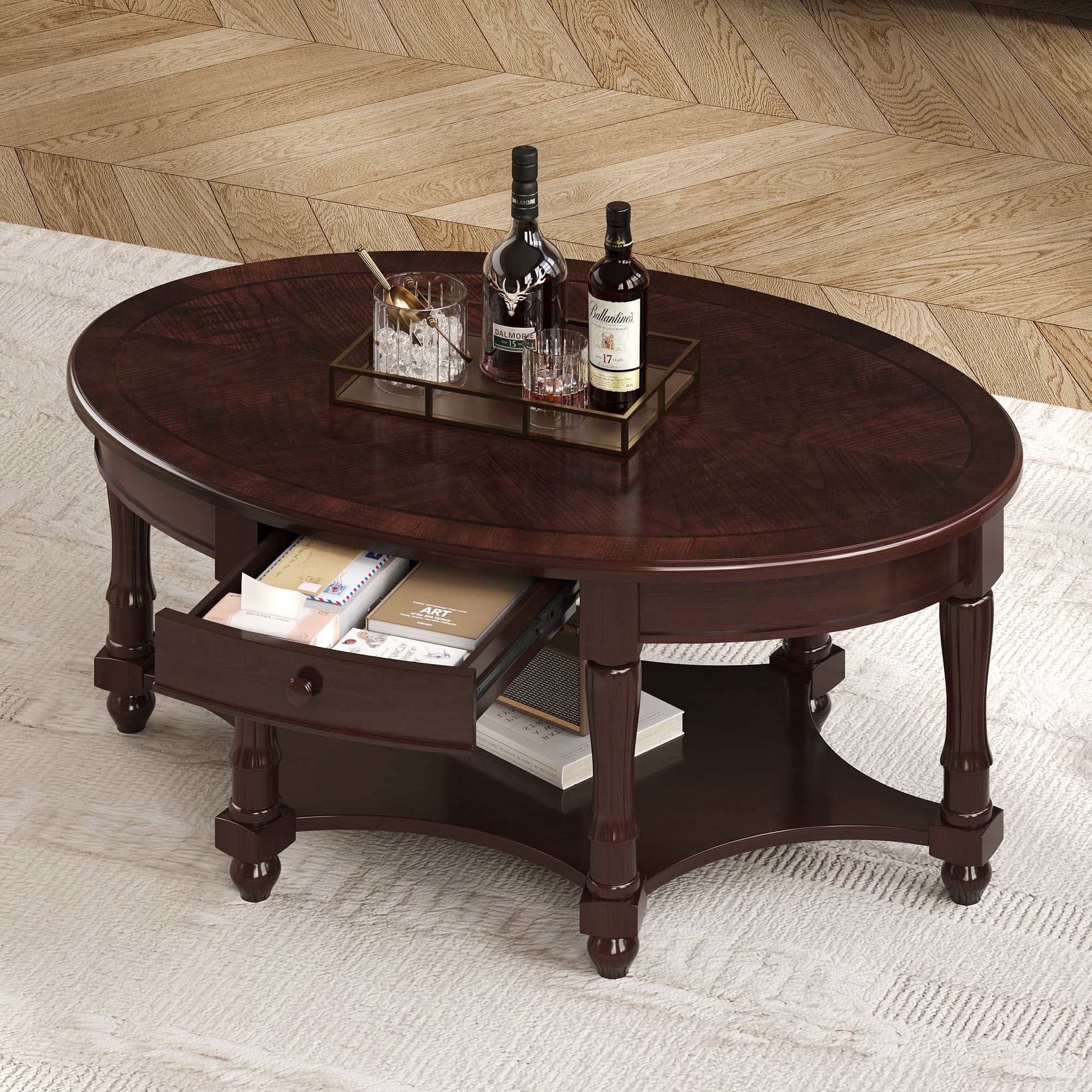 Vintage Oval Coffee Table with Drawer and Storage Shelf, Antique Cocktail Table, Walnut ...